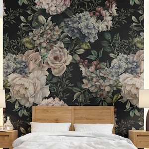 Dark floral wallpaper Vintage peonies wall art Blossom mural Removable self-adhesive wallpaper Beautiful purple flowers art peel and stick