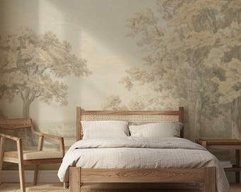 Vintage Tree Landscape Wallpaper Mural: Neutral Countryside Scene, Removable or Traditional