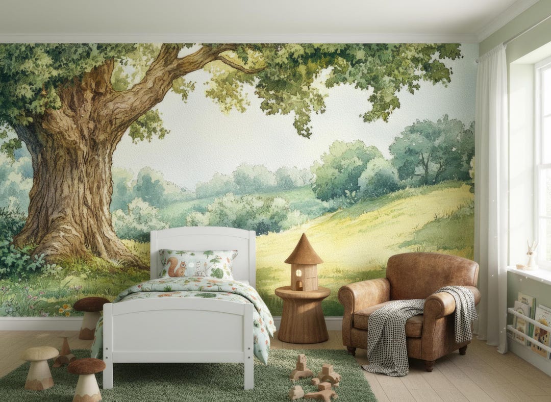 Watercolor Tree Wallpaper Mural, Nursery Landscape Wall Mural ...