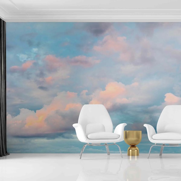 Creative Cloudy Wall Mural, Sky wall decor Peel and Stick Removable self-adhesive Nature Clouds wallpaper Rising Sky Pastel Color murals