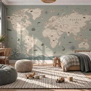 May include: A large wall mural featuring a vintage-style world map in muted sage green and cream tones. The map displays continents, country names like Canada, Brazil, Russia, and China, along with small illustrations of animals and ships.