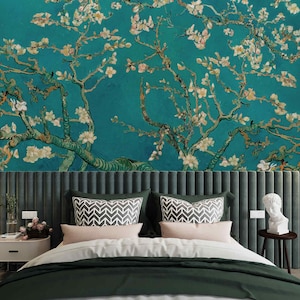 Van Gogh Almond Blossoms Wallpaper, Art Reproduction Wallpaper, Van Gogh Flowers, Peel and Stick Wallpaper, Traditional Wallpaper Green-blue