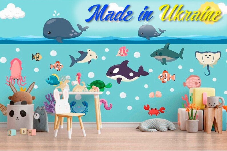 Sea Animals Wall Decal Set Whale Fish Kids Stickers Underwater Etsy