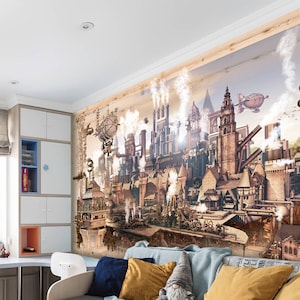 Steampunk scenery wall mural Colorful photo gothic room for wall decor Gears removable wallpaper Steampunk Self-adhesive Large Wallpaper image 3