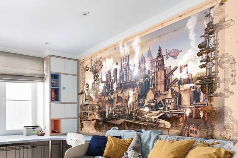 Steampunk scenery wall mural Colorful photo gothic room for wall decor Gears removable wallpaper Steampunk Self-adhesive Large Wallpaper image 3