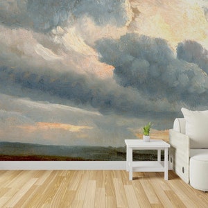 May include: A painting of a cloudy sky with a hint of orange in the distance. The sky is a mix of light and dark blue with white clouds. The painting is displayed on a wall in a room with a couch, a plant, and a side table.