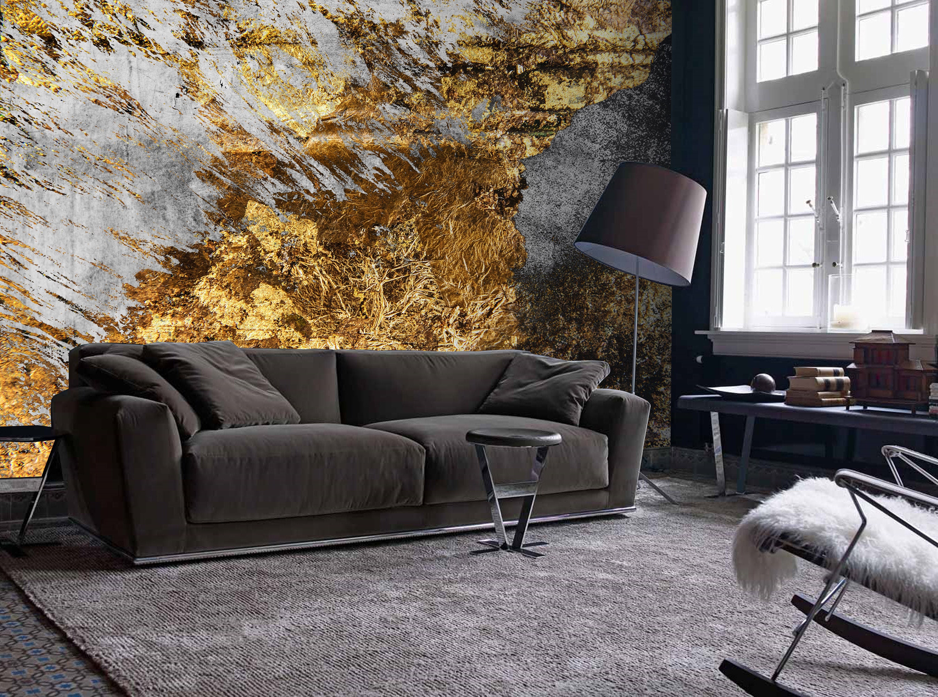 Black gold abstraction wall mural Golden stone wallpaper Gray Etsy