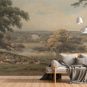 Paesaggio vintage, grandi alberi, valle, cervi e fiume, carta da parati normale, murale retrò, paesaggio, albero rustico, decorazione murale, foresta, murale rimovibile
