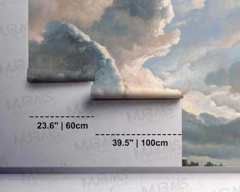 Op de afbeelding: Muurbehang met een klassiek schilderij van een bewolkte lucht in blauwe, witte en perziktinten. Het behang is gedeeltelijk uitgerold en toont het ontwerp. Afmetingen: 60 cm en 100 cm.