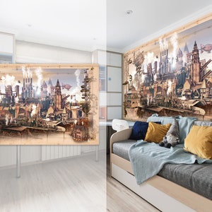 Steampunk scenery wall mural Colorful photo gothic room for wall decor Gears removable wallpaper Steampunk Self-adhesive Large Wallpaper image 4