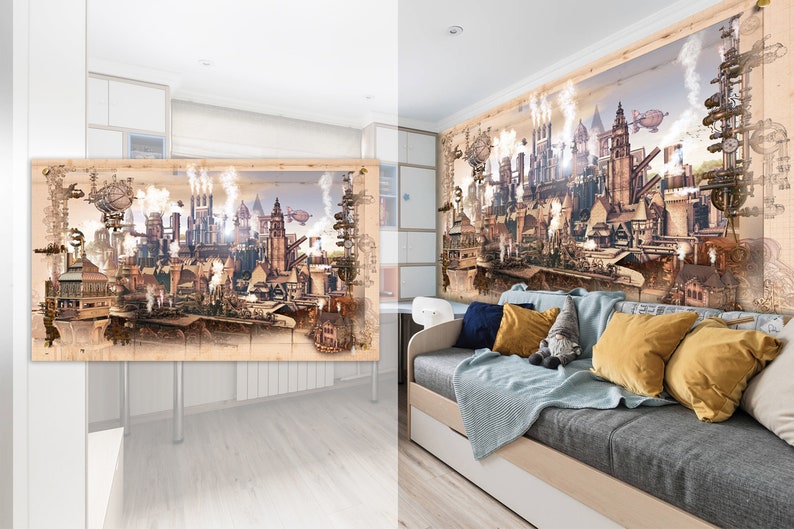 Steampunk scenery wall mural Colorful photo gothic room for wall decor Gears removable wallpaper Steampunk Self-adhesive Large Wallpaper image 4