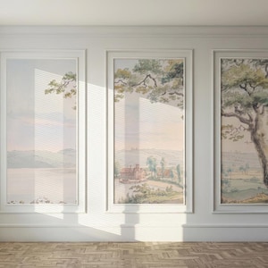 Lekki wiejski krajobraz, odklej i przyklej w stylu wiktoriańskim, duże drzewo, natura, vintage, tapeta, malarstwo olejne, mural, rustykalny, panoramiczny widok na dolinę