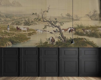 Vintage Horse Landscape Wall Mural Classic River and Mountain Antique Countryside Regular or Removable Wallpaper Nature Rustic Wall Decor