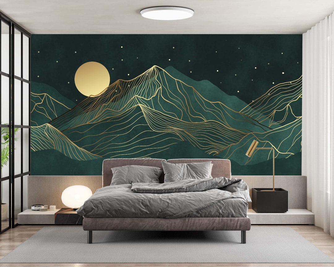 Dark Turquoise and Gold Foggy Mountains Wallpapers Selfadhesive