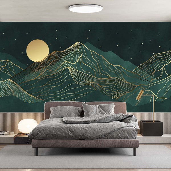 Dark turquoise and gold foggy mountains wallpapers Self-adhesive Mountain Shadow large decal Abstract Mountain Peel and Stick wall mural