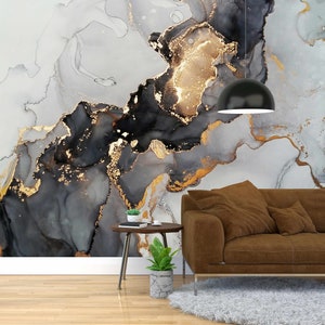 Black & gold (yellow) marble removable mural Marble wall art Self-adhesive Large Wallpaper Black marble stone wallpaper Gold Marble Ston