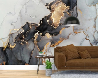 Black & gold (yellow) marble removable mural Marble wall art Self-adhesive Large Wallpaper Black marble stone wallpaper Gold Marble Ston