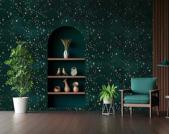 Mural de pared Noche estrellada esmeralda: papel tapiz extraíble o tradicional, decoración celestial, arte de pared con acento cósmico para el hogar.