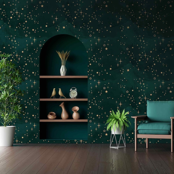 Mural de pared Noche estrellada esmeralda: papel tapiz extraíble o tradicional, decoración celestial, arte de pared con acento cósmico para el hogar.