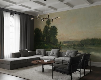 Vintage Lakeside Landscape Mural – Forest Wall Art, Painterly Removable Wallpaper