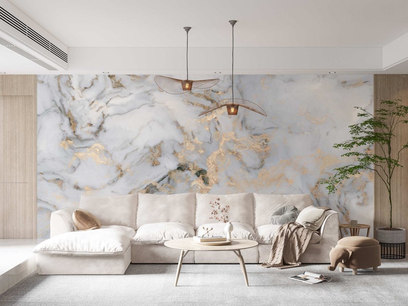 White Marble Removable Wallpaper Abstract Gray Gold Stone Etsy