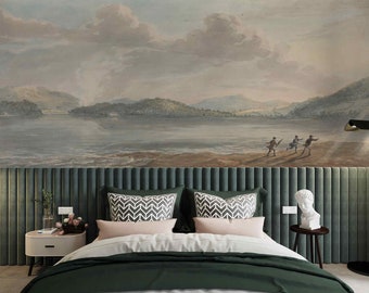 The Tide Rising at Briton Ferry by Paul Sandby Vintage Monochrome Rustic Landscape Removable wallpaper Retro wall mural Sky art Pastel mural