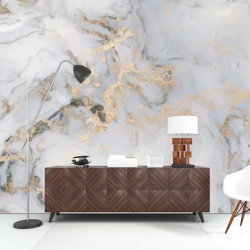 White Marble Removable Wallpaper Abstract Gray Gold Stone Etsy