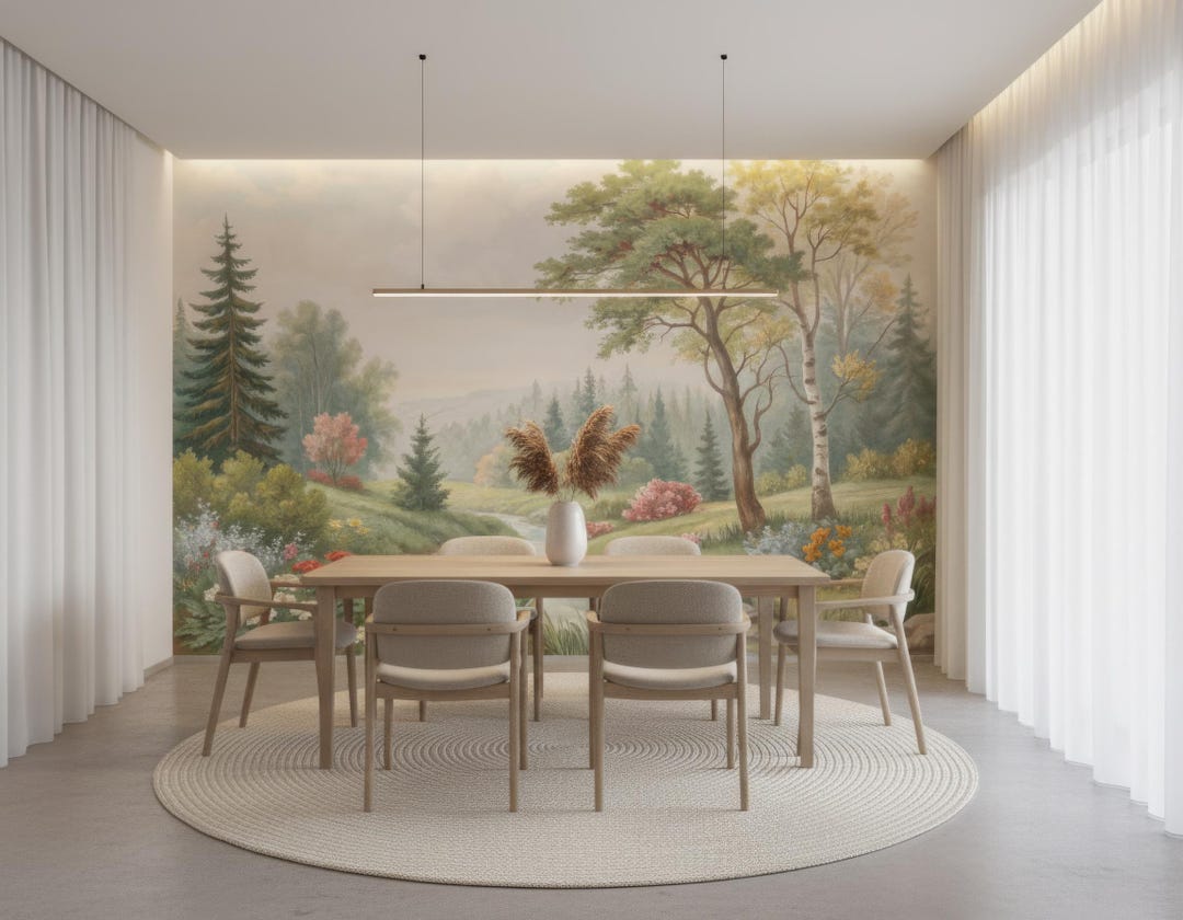 Spring Meadow Landscape Wallpaper Mural, Pastoral Nature Wall Art ...