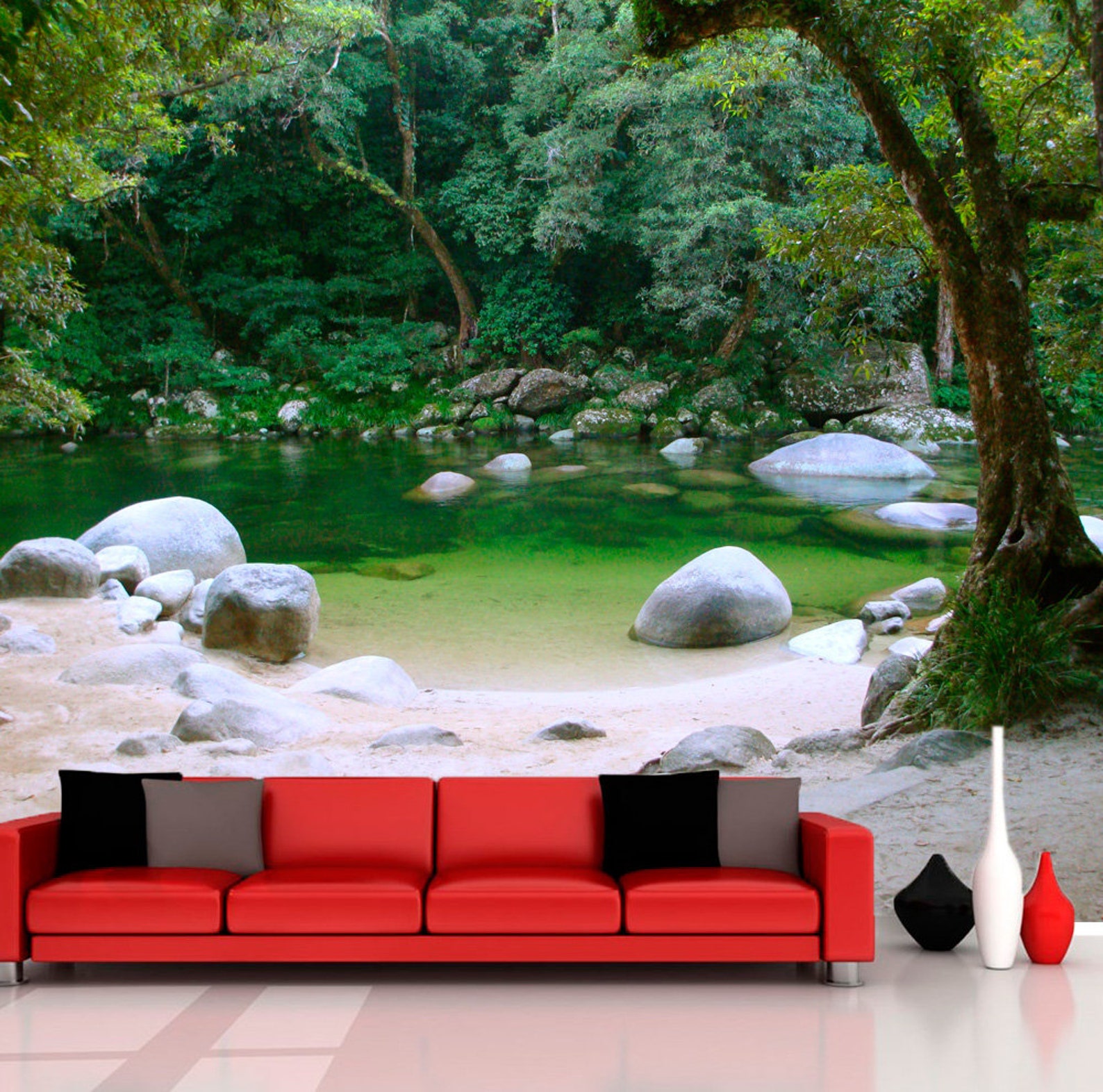 Lake in green forest wall decor Scenic landscape removable Etsy