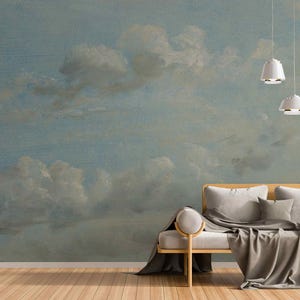Vintage Blue Cloudy Sky Wallpaper Sky Wall Mural Removable Cloud Landscape – Rustic sky mural – Traditional or Peel and Stick Wallpaper