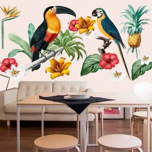 Tropical leaves and parrot bird wall decals Watercolor floral flower and leaves wall sticker Parrot decals Floral flower sticker for room