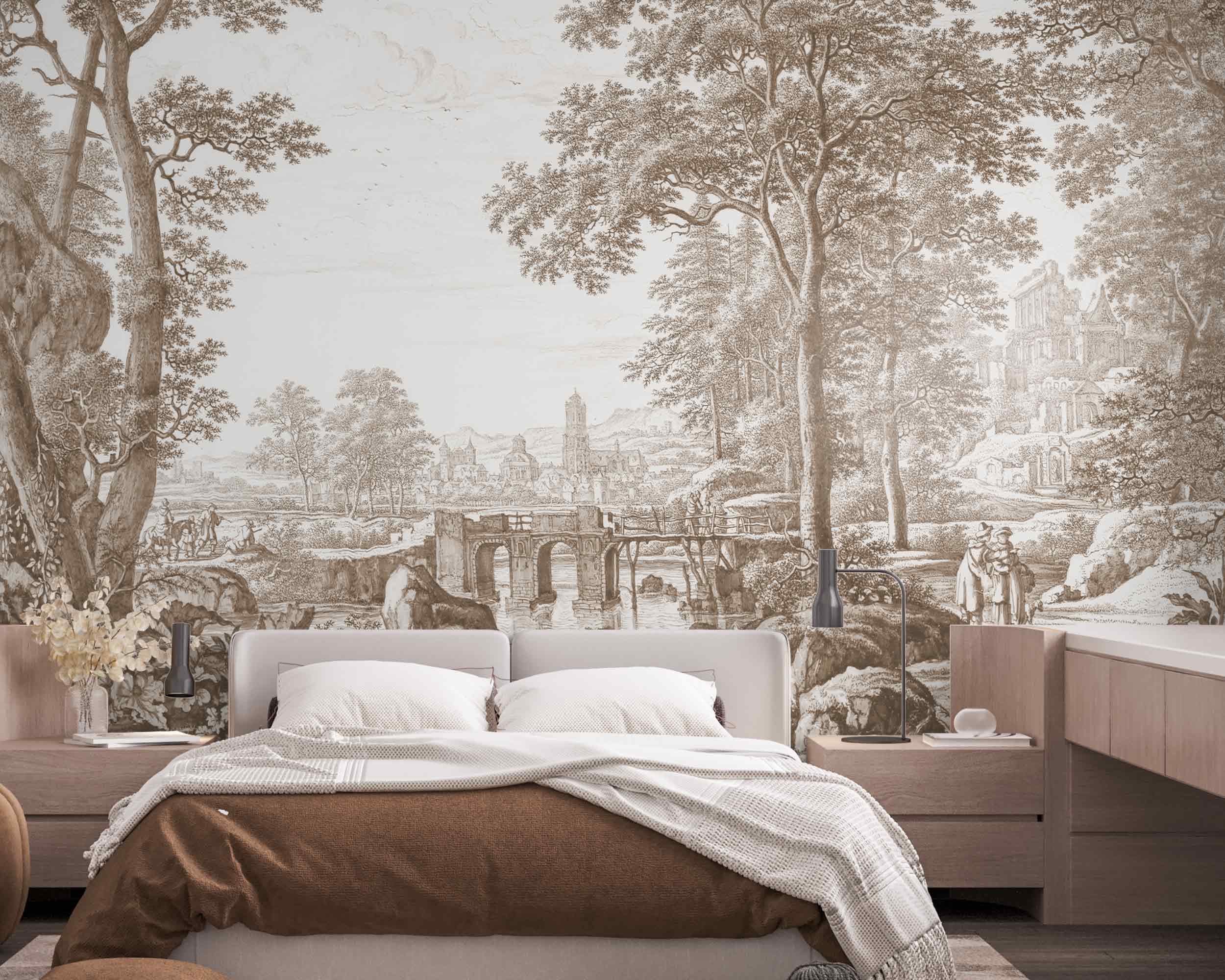Sepia Vintage Landscape Wall Mural – Antique Forest and Horses