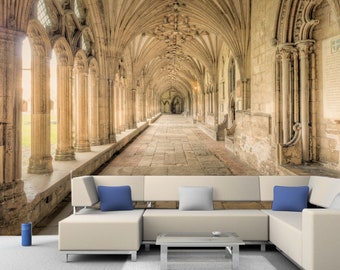 Full wall murals hall of ancient gothic castle Colorful photo of old castle interior Fine art photo wallpapers of gothic castle corridor