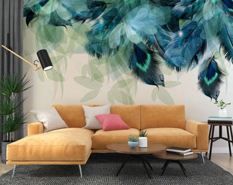 Abstract Peacock Feather Removable Wall Prints  Tropical Leaves Wallpaper Mural Peel and Stick Colourful Feathers Blue green feathers