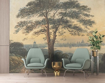 Vintage Rural landscape Big tree Rustic Panoramic valley view Peel and Stick Victorian Style nature Wallpaper Historical oil painting Mural