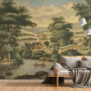 "Vintage ""An American Home"" Landschaftstapete Abnehmbare oder traditionelle Optionen Vintage Naturszene Flusslandschaft Historische Gebäude Kunst."