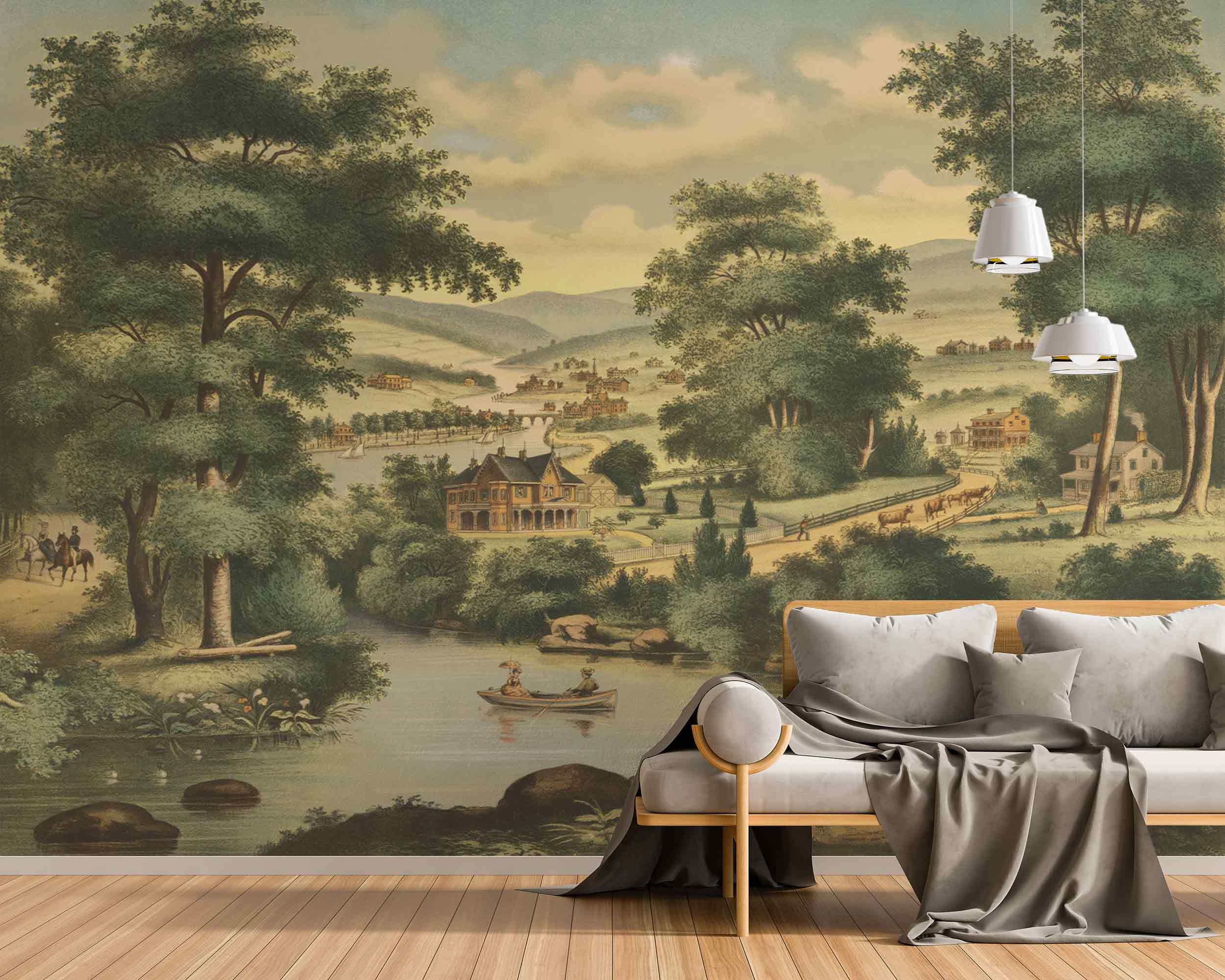 Vintage "An American Home" Landscape Wallpaper Removable or Traditional Options Vintage Nature Scene River Landscape Historic Buildings art