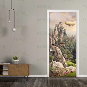 Steampunk door sticker Airships fantasy decal for front door Peel & Stick fantastic landscape Self- adhesive Steampunk scenery
