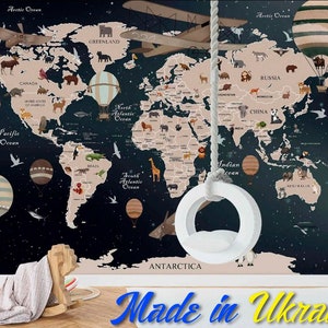 Kids map wallpaper World famous icons animals wall mural Educational continent world map peel and stick Kids wallpaper Soft political map