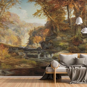 Scena sul torrente Tohickon, murale autunnale di Thomas Moran, paesaggio vintage, carta da parati rimovibile con foresta verde, arte murale in stile vittoriano
