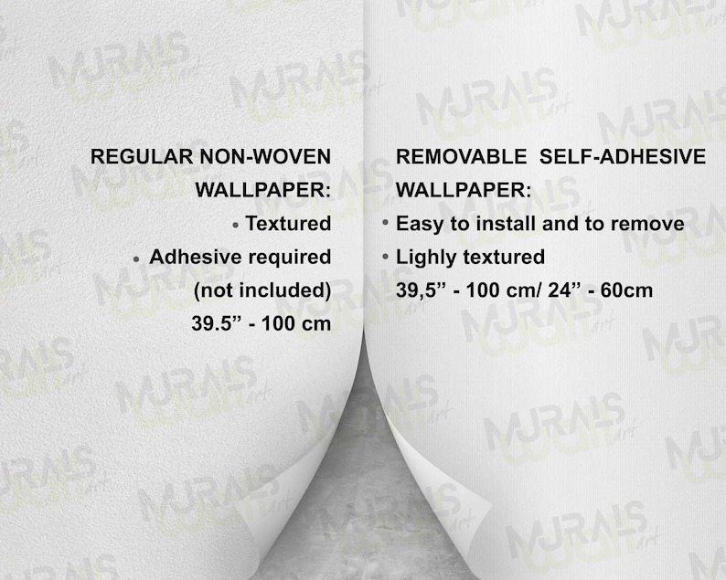 May include: Two white squares with black text describing the differences between regular non-woven wallpaper and removable self-adhesive wallpaper. The regular non-woven wallpaper is textured and requires adhesive (not included). The removable self-adhesive wallpaper is lightly textured and easy to install and remove. Both types of wallpaper are 39.5 inches by 100 centimeters.