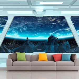 Sci-fi foto moderne kunst verwijderbaar behang Muurschildering futuristisch ruimteschip Fantastisch ruimteschip interieurfoto zelfklevend groot behang