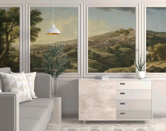 Vintage landscape ancient city on a hill, Big tree self-adhesive Landscape  Wallpaper nature Old painting wall decor Victorian Style art