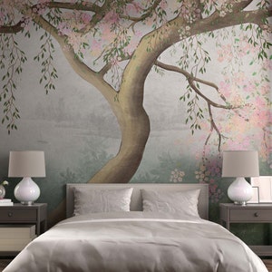 Flowering tree branches leaves regular or removable wallpaper Illustrated panoramic landscape Peel and Stick Blossoming trees mural