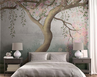 Flowering tree branches leaves regular or removable wallpaper Illustrated panoramic landscape Peel and Stick Blossoming trees mural