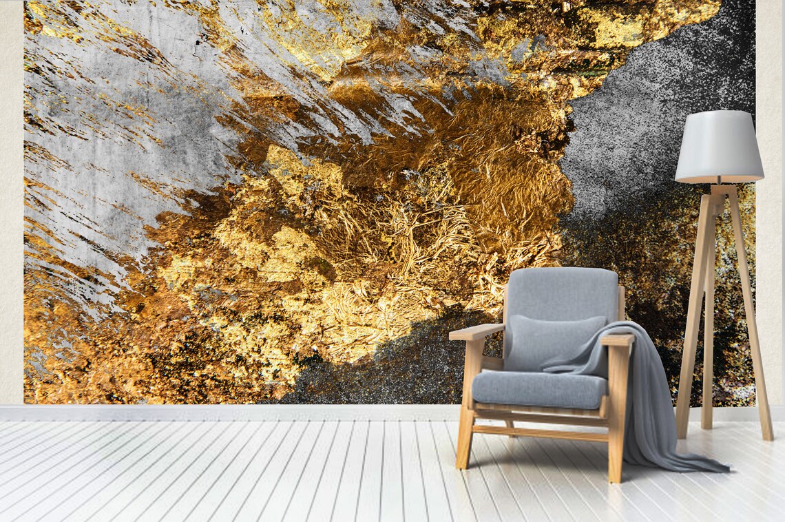 Black gold abstraction wall mural Golden stone wallpaper Gray Etsy