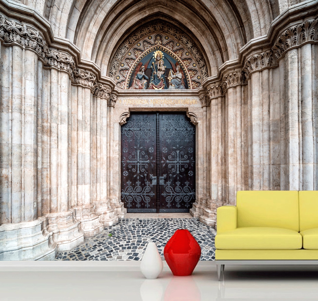 Castle Door Wall Mural Gothic Castle Decal for Living Room Stone Arch