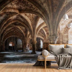 Altes Schloss Innen Gedruckte Tapete Benutzerdefiniertes Wandbild mit majestätischem Schloss-Design, Steinbogendruck Vintage-Kunstwand selbstklebend