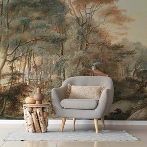 Vintage Landschaftswandkunst Großer Baum Wieder ablösbare selbstklebende Ländliche Landschaft Peel and Stick Viktorianische Tapete Rustikales Wandbild Retro-Aussichtswand