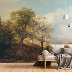 Panorama Herbst Landschaft Wallpaper Peel and Stick Victorian Grün Wald Natur Wandbild Vintage-Wanddekor schöne Wolken Retro Bäume Kunst